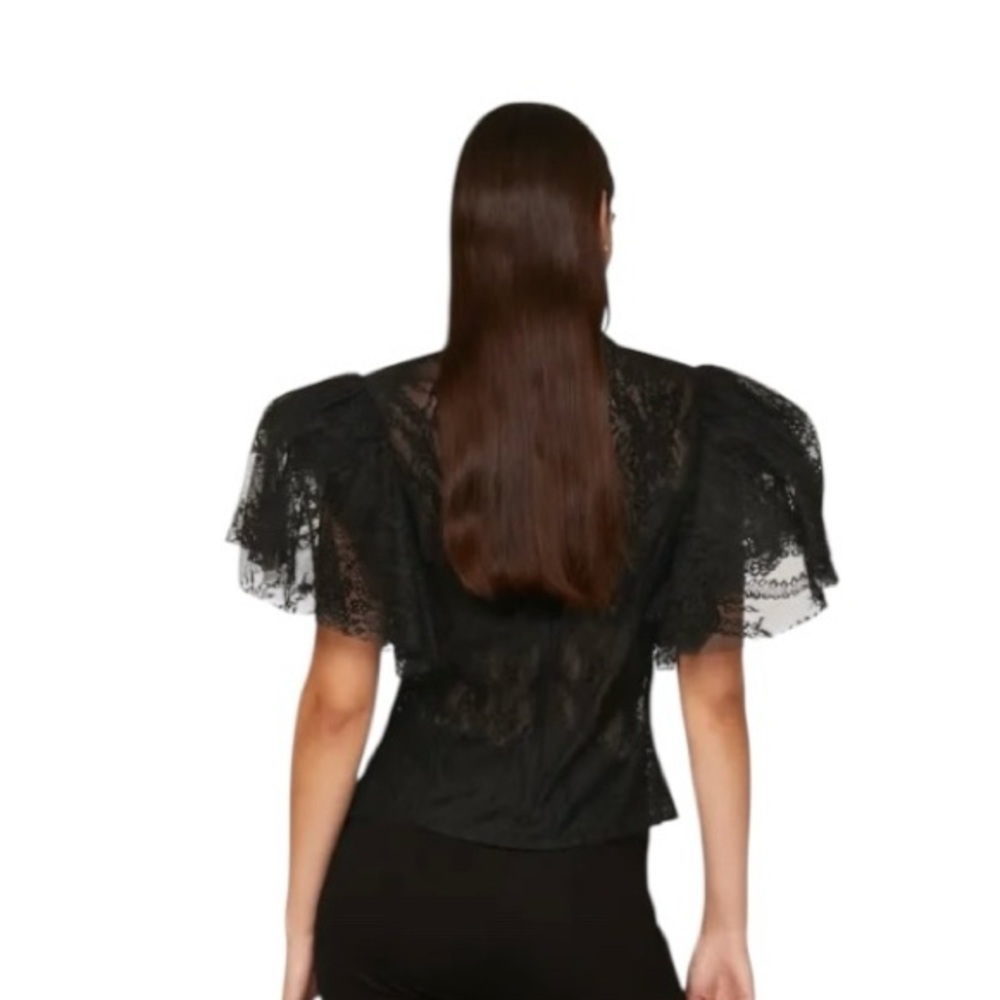 Osman Yousefzada Black Lace Top Ruffle Sleeve Blouse Size 6 - Picture 3 of 9